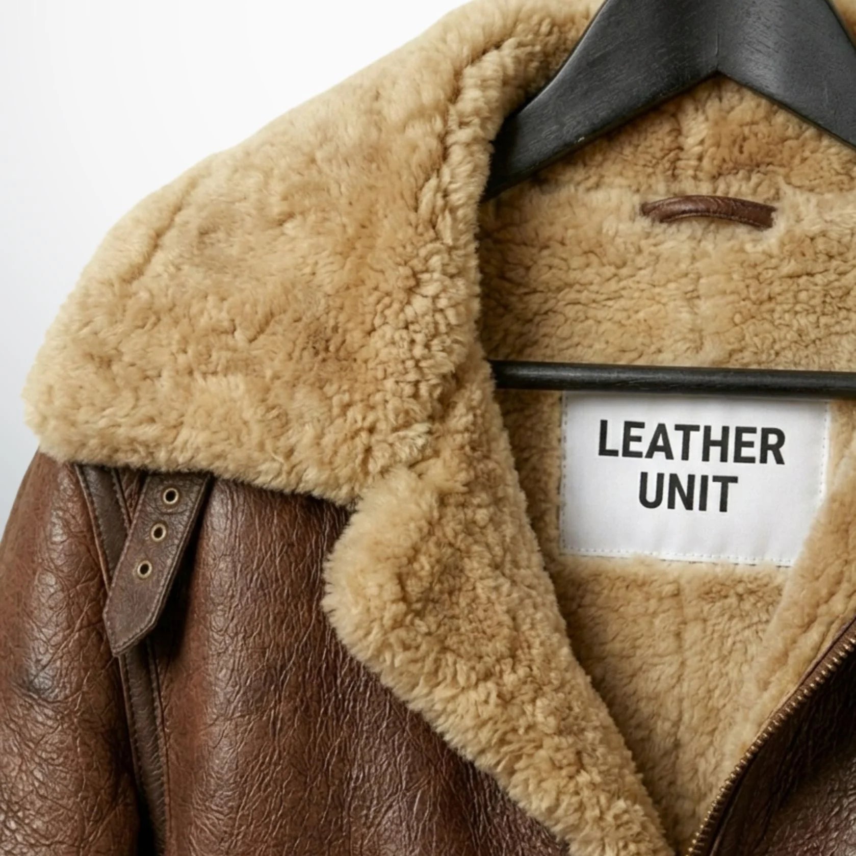close up shearling collar and throat buckle on mens b3 aviator leather jacket.