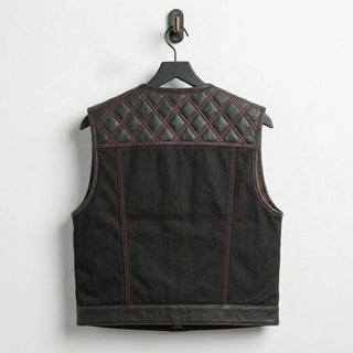 Back view of men's Nova Lowside leather and canvas vest with diamond quilted yoke