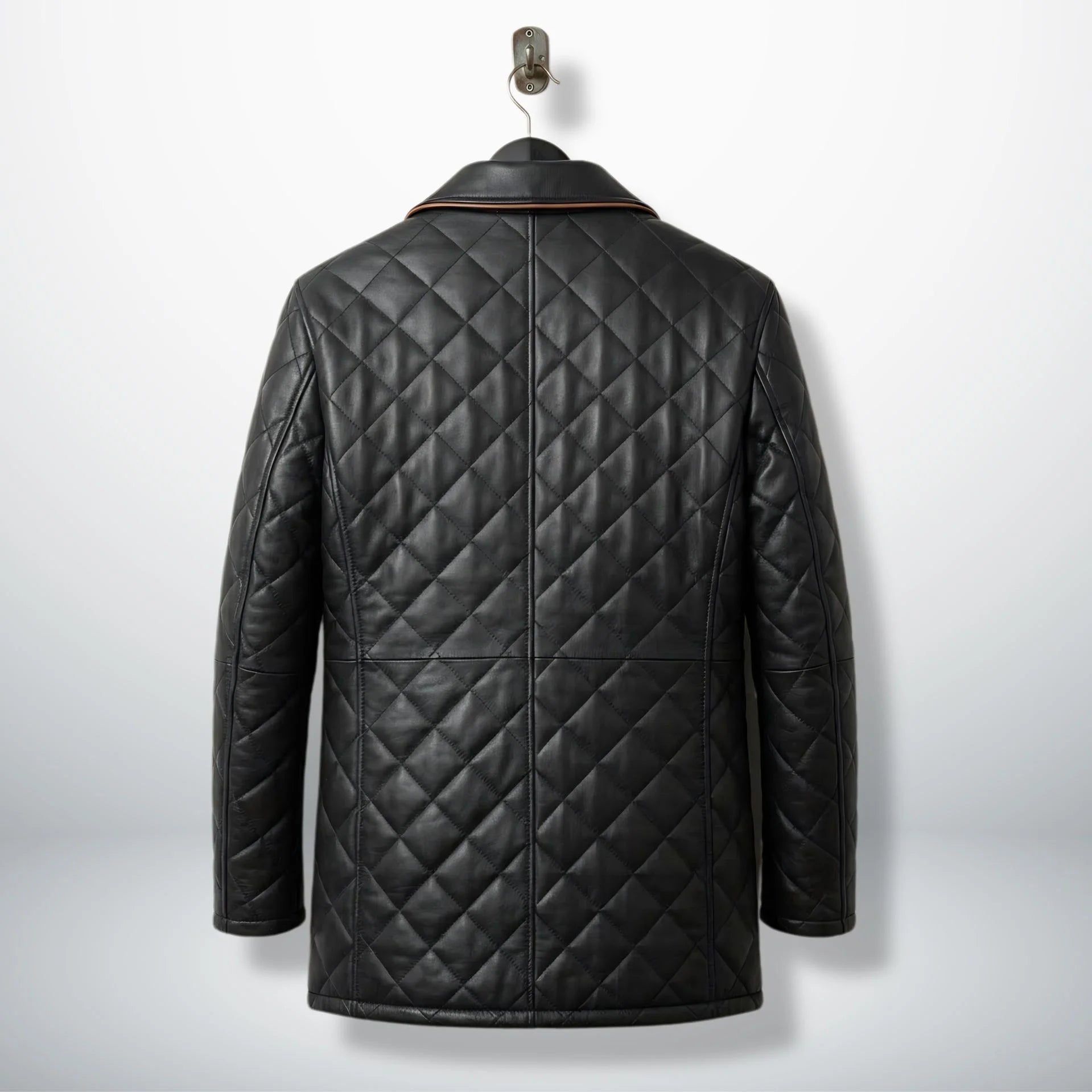 Back view of men’s black diamond quilted leather car coat