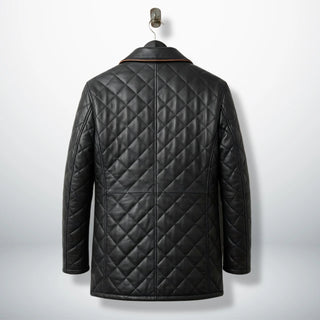 Back view of men’s black diamond quilted leather car coat