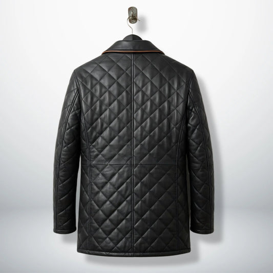 Back view of men’s black diamond quilted leather car coat