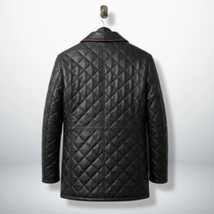 Back view of men’s black diamond quilted leather car coat