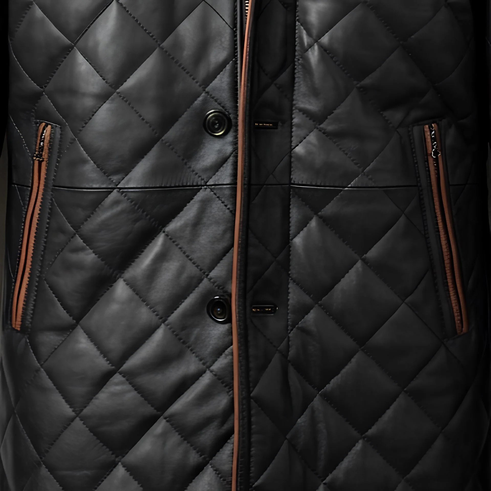 Brown trimmed zipper pockets and button placket on men’s quilted leather car coat