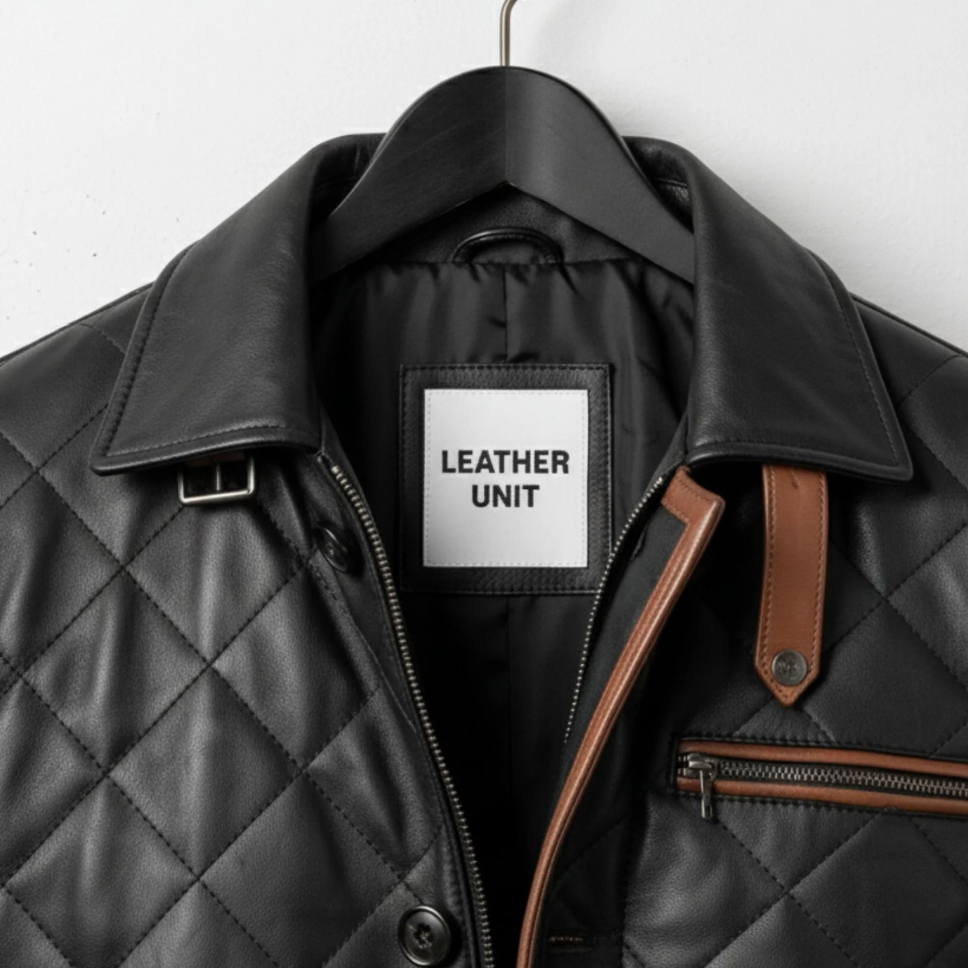 Close up of collar, Leather Unit label and brown trim on quilted leather coat
