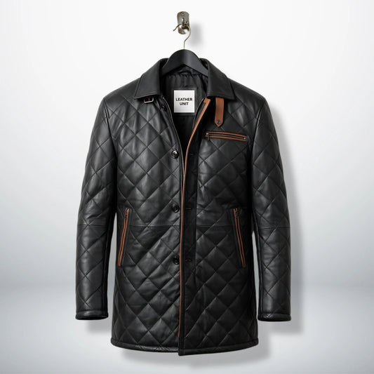 Front view of men’s black quilted leather car coat with brown trim by Leather Unit