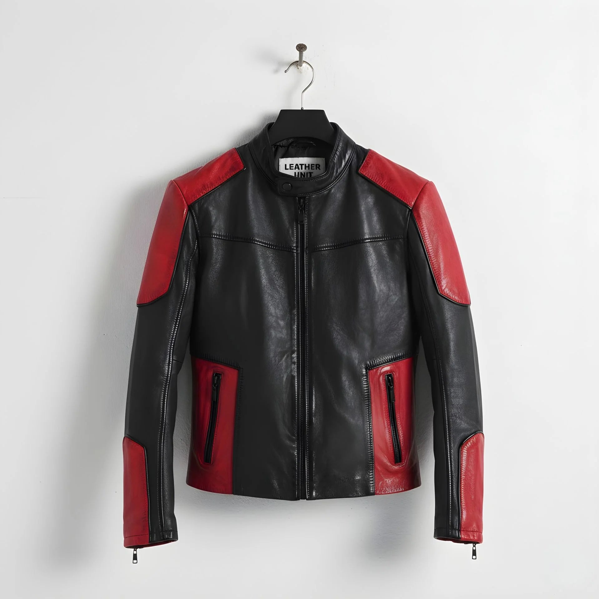 front view of men's red and black leather biker jacket with stand collar.