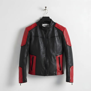 front view of men's red and black leather biker jacket with stand collar.