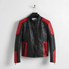 front view of men's red and black leather biker jacket with stand collar.