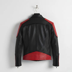 back view of men's red and black motorcycle leather jacket with contrast panels.