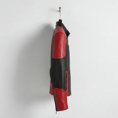 side profile of men's red and black cafe racer leather jacket.