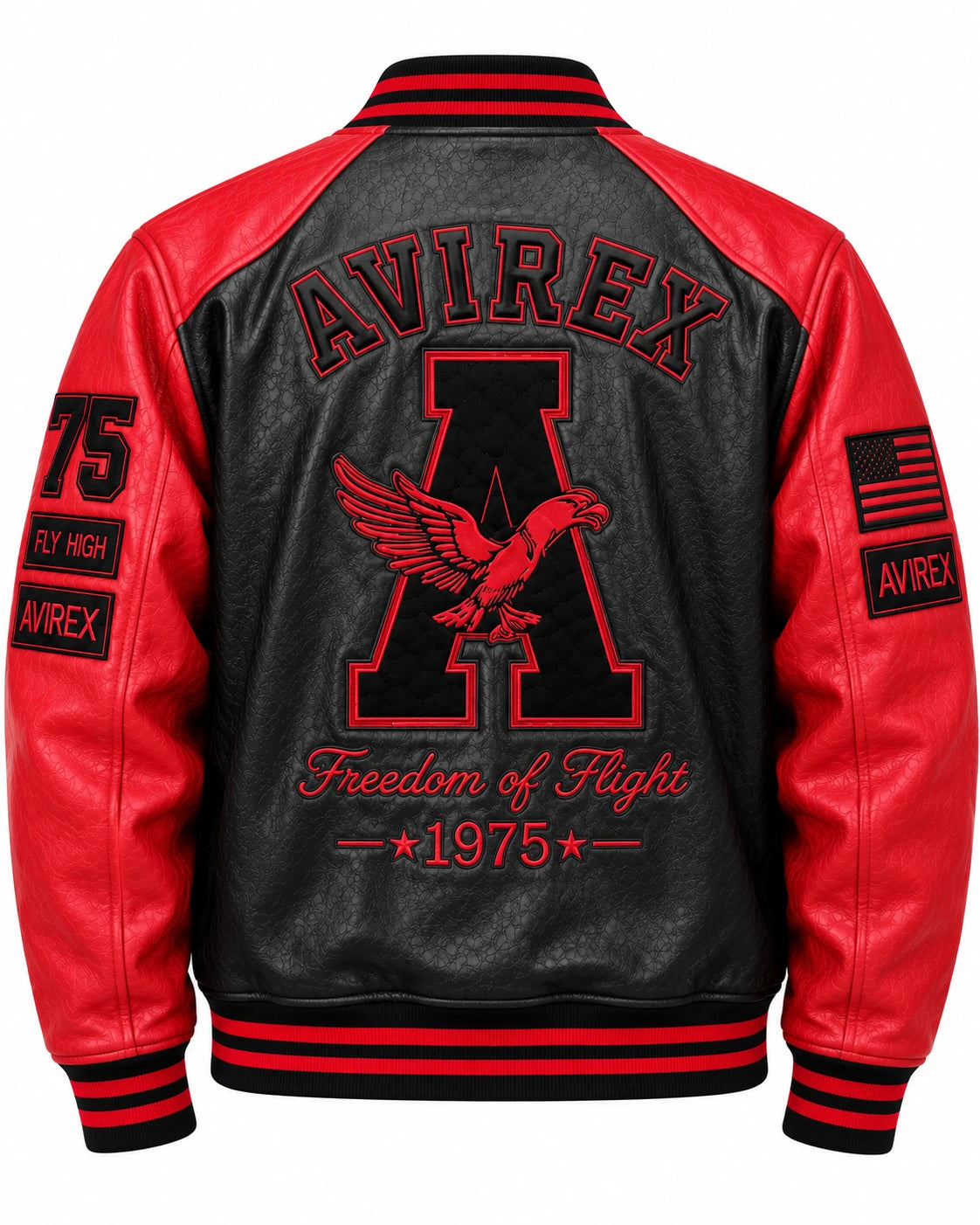 Full back of red black leather bomber featuring oversized letter and eagle embroidery with striped ribbed hem and cuffs