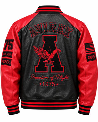 Full back of red black leather bomber featuring oversized letter and eagle embroidery with striped ribbed hem and cuffs