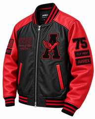 Three-quarter view of red and black leather varsity bomber with eagle chest patch, sleeve graphics and striped ribbed trims