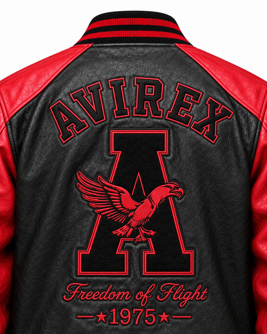 Close-up of black leather varsity jacket back with red embroidered lettering, eagle graphic and red shoulder panels