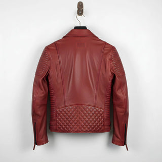 back view of men's red leather motorcycle jacket with diamond quilted back panel.