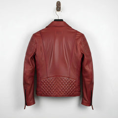 back view of men's red leather motorcycle jacket with diamond quilted back panel.