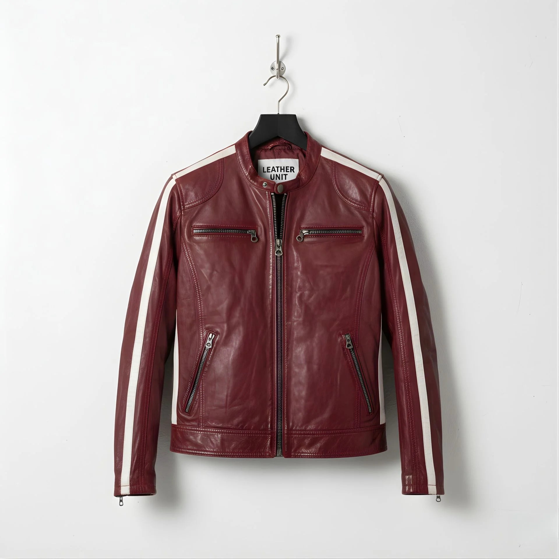 Front view of men's red genuine leather biker jacket with white racing stripes.