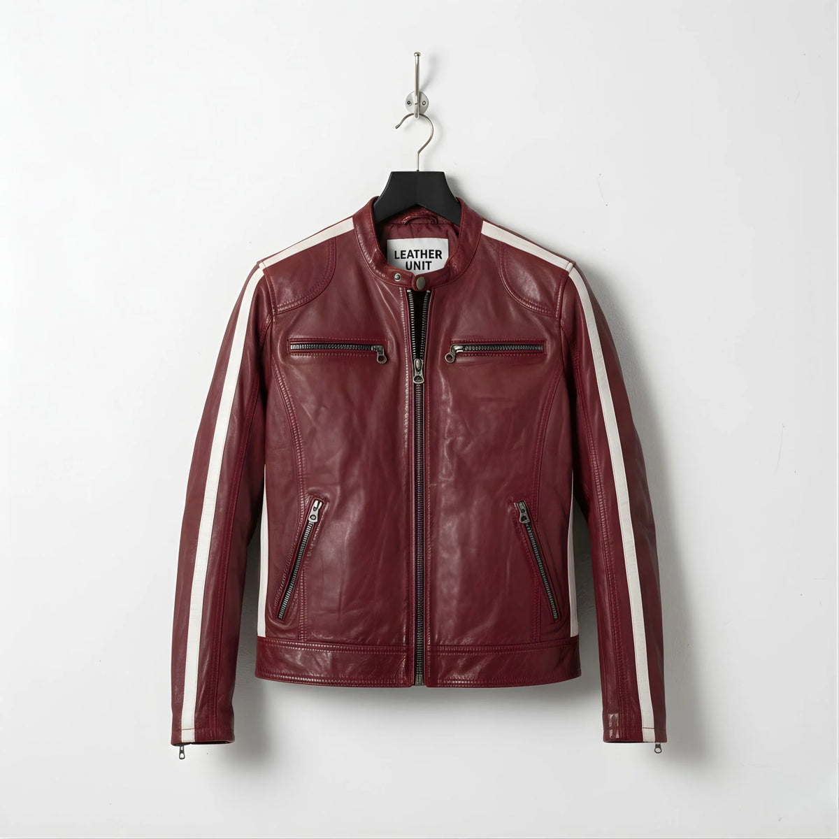 Front view of men's red genuine leather biker jacket with white racing stripes.