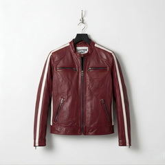 Front view of men's red genuine leather biker jacket with white racing stripes.