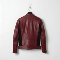 Back of burgundy men's leather motorcycle jacket with black stretch panels.