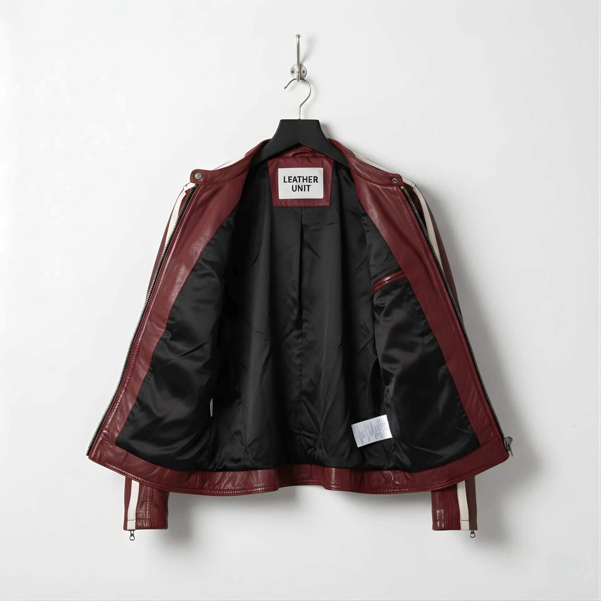 Interior view showing black lining and inside pocket of men's red leather jacket.