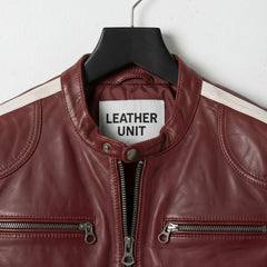 Collar and zipper detail on men's premium red leather motorcycle jacket.