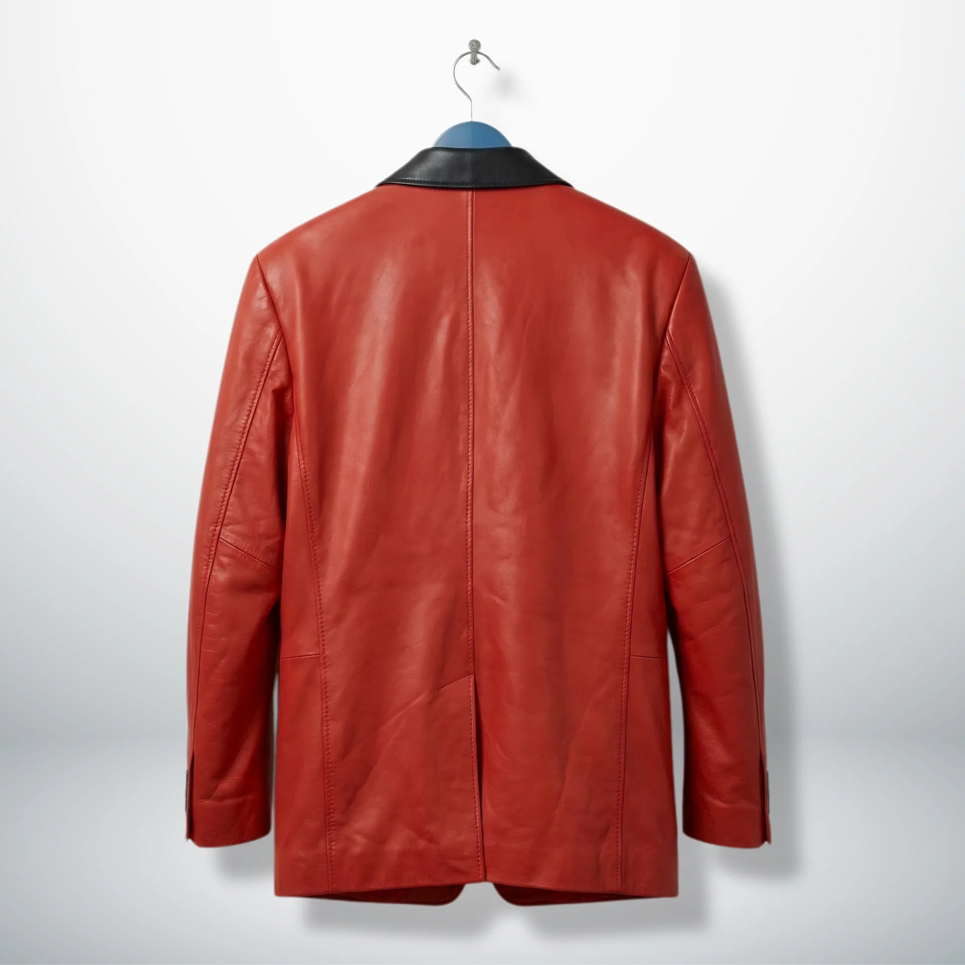 Back view of men’s red leather tuxedo style blazer jacket