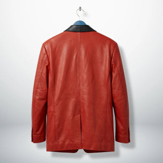 Back view of men’s red leather tuxedo style blazer jacket