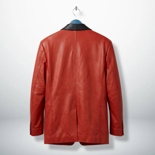 Back view of men’s red leather tuxedo style blazer jacket