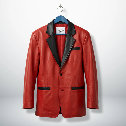 Front view of men’s red leather blazer with black lapel by Leather Unit