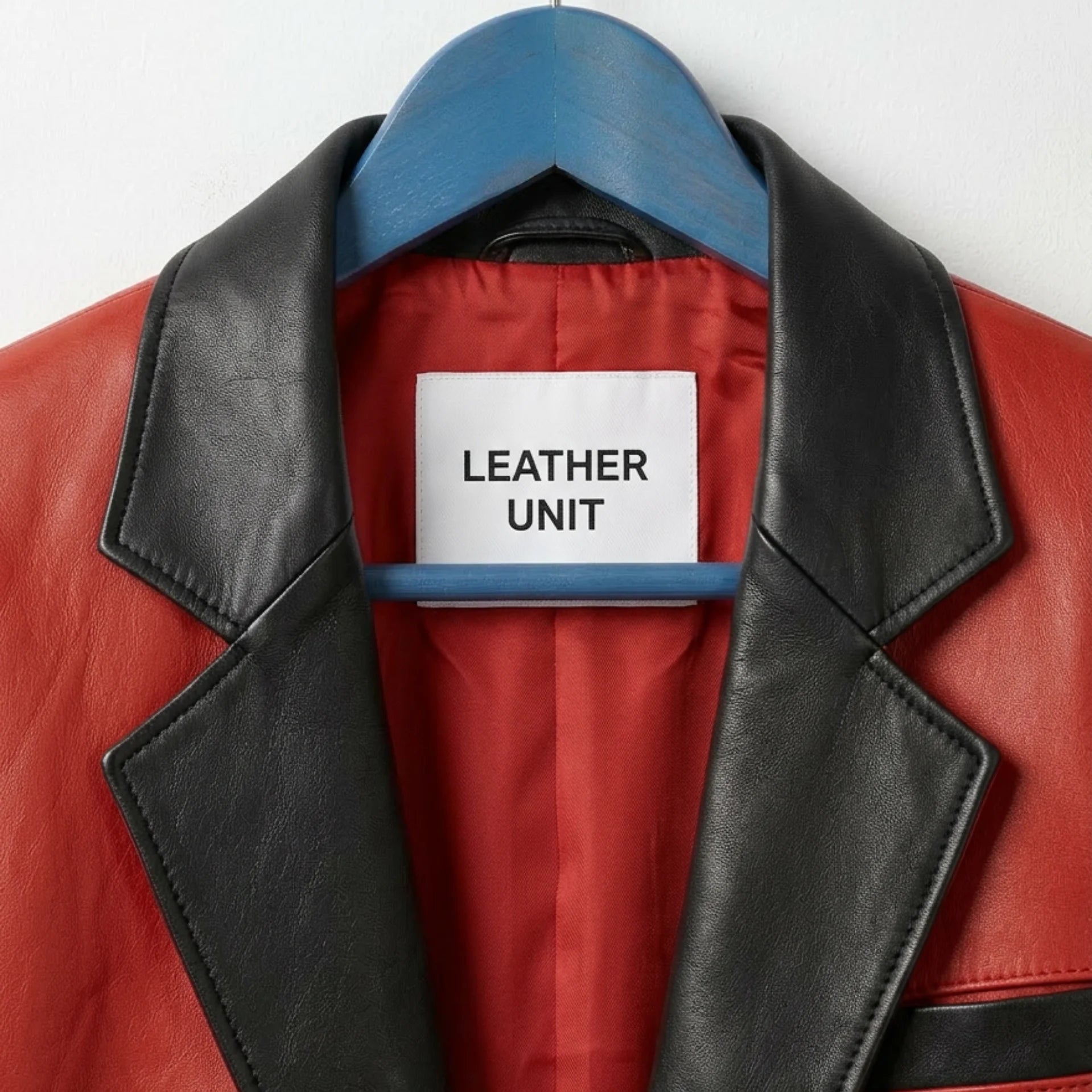 Close up of black notch lapel and Leather Unit label on red leather blazer