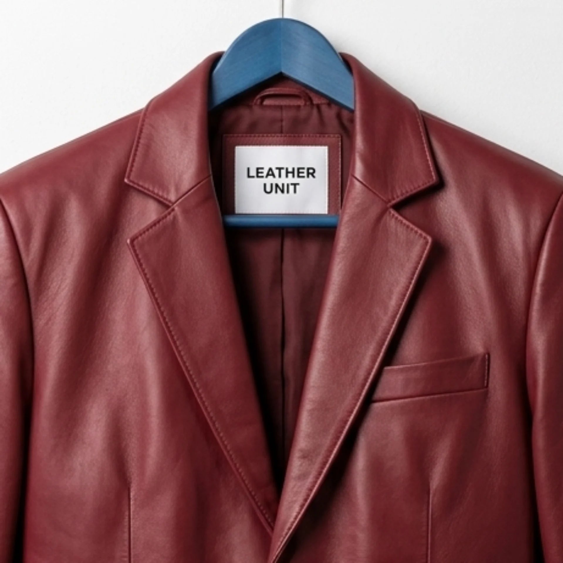 Close up of lapel collar and Leather Unit label on red leather blazer