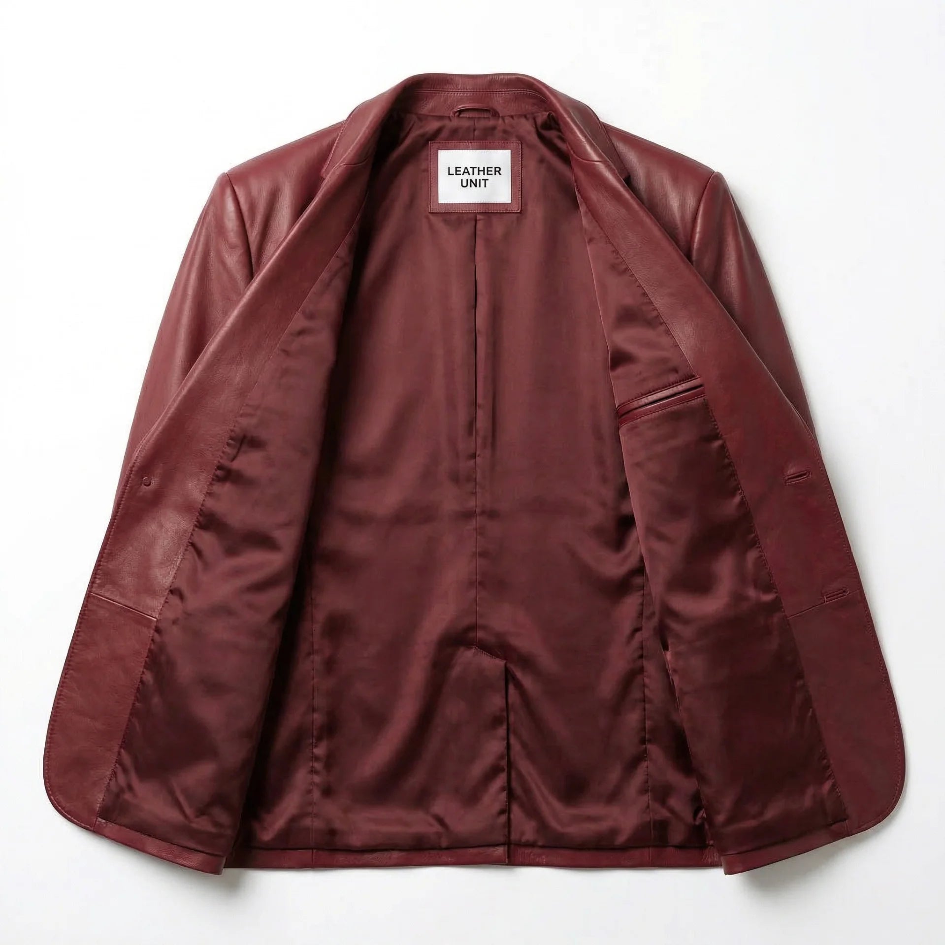 Inside lining of men’s red leather blazer showing inner pocket