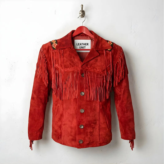 Front view of men's red suede fringe western jacket by Leather Unit.