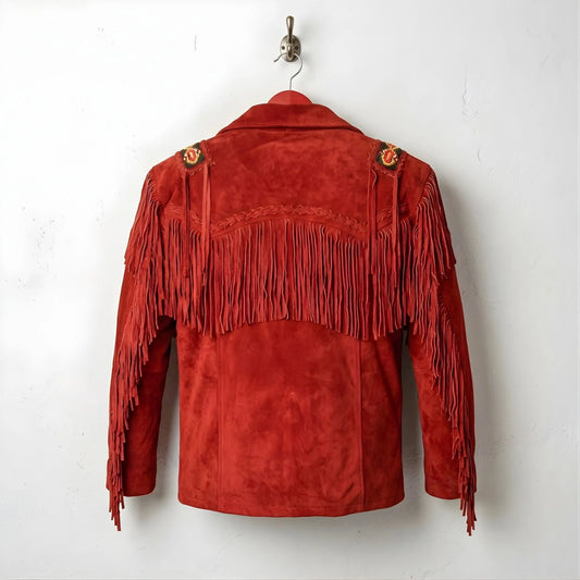 Back view of men's red suede fringe leather jacket with shoulder beadwork.