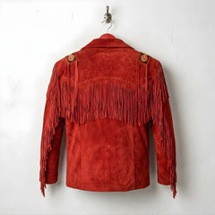 Back view of men's red suede fringe leather jacket with shoulder beadwork.