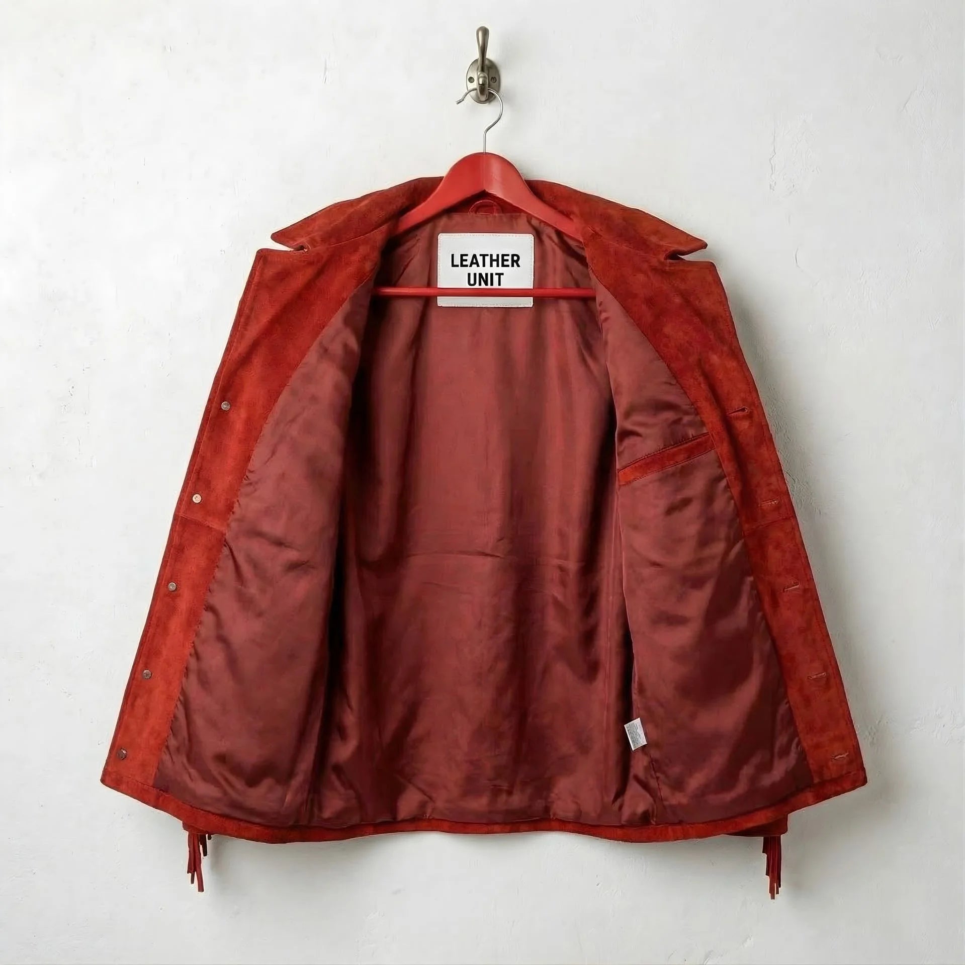 Interior of red suede fringe jacket showing matching red lining and inner pocket.