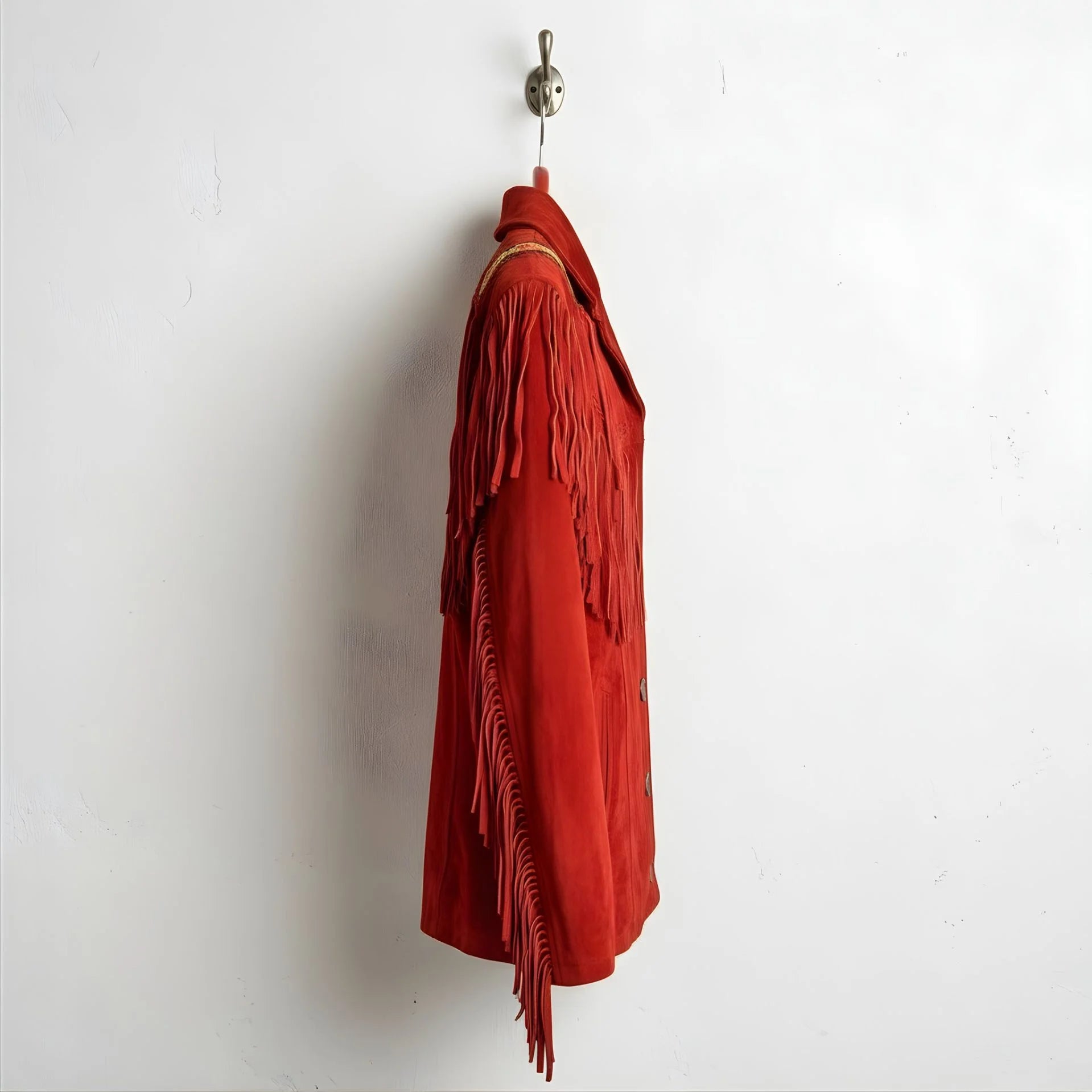 Side profile of men's red suede western jacket with long sleeve fringe.