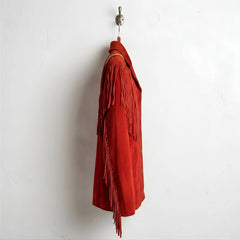 Side profile of men's red suede western jacket with long sleeve fringe.