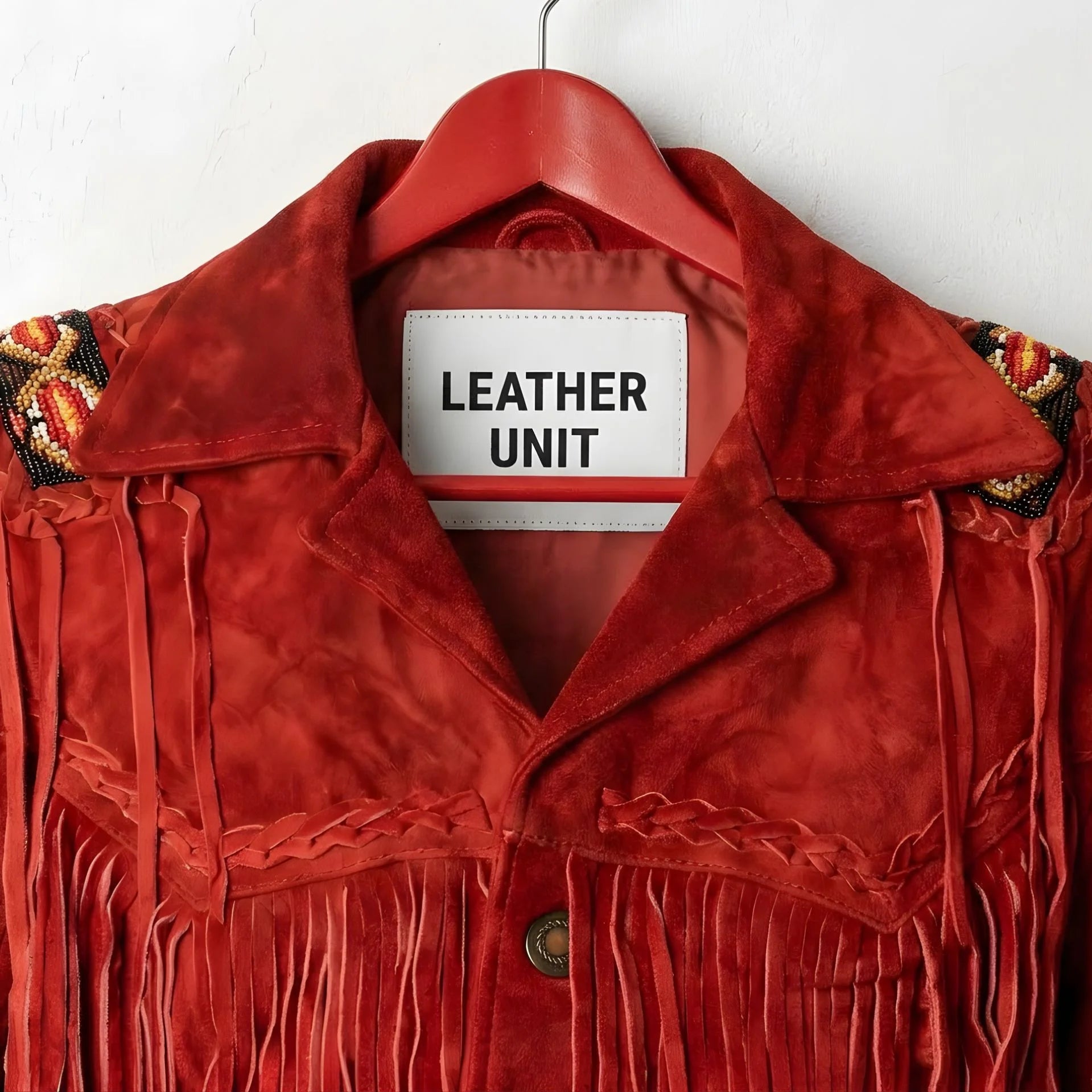 Close up of collar, beadwork and Leather Unit label on red suede jacket.