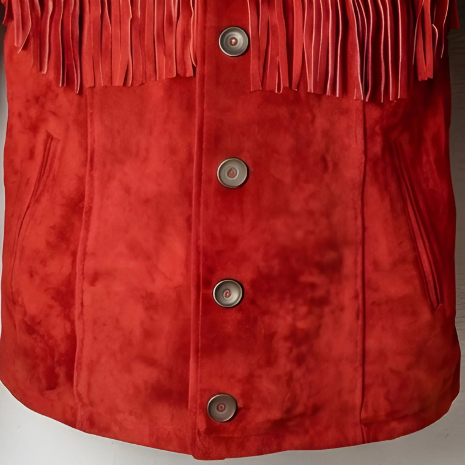 Close up of button front and front fringe on men's red suede leather jacket.