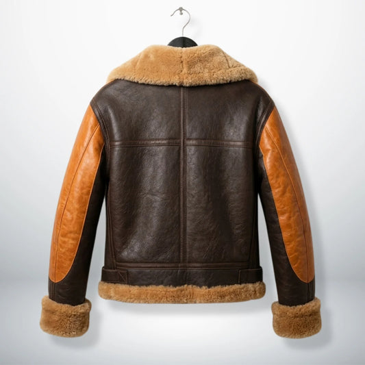 back view mens brown aviator leather jacket with rounded fur hem.