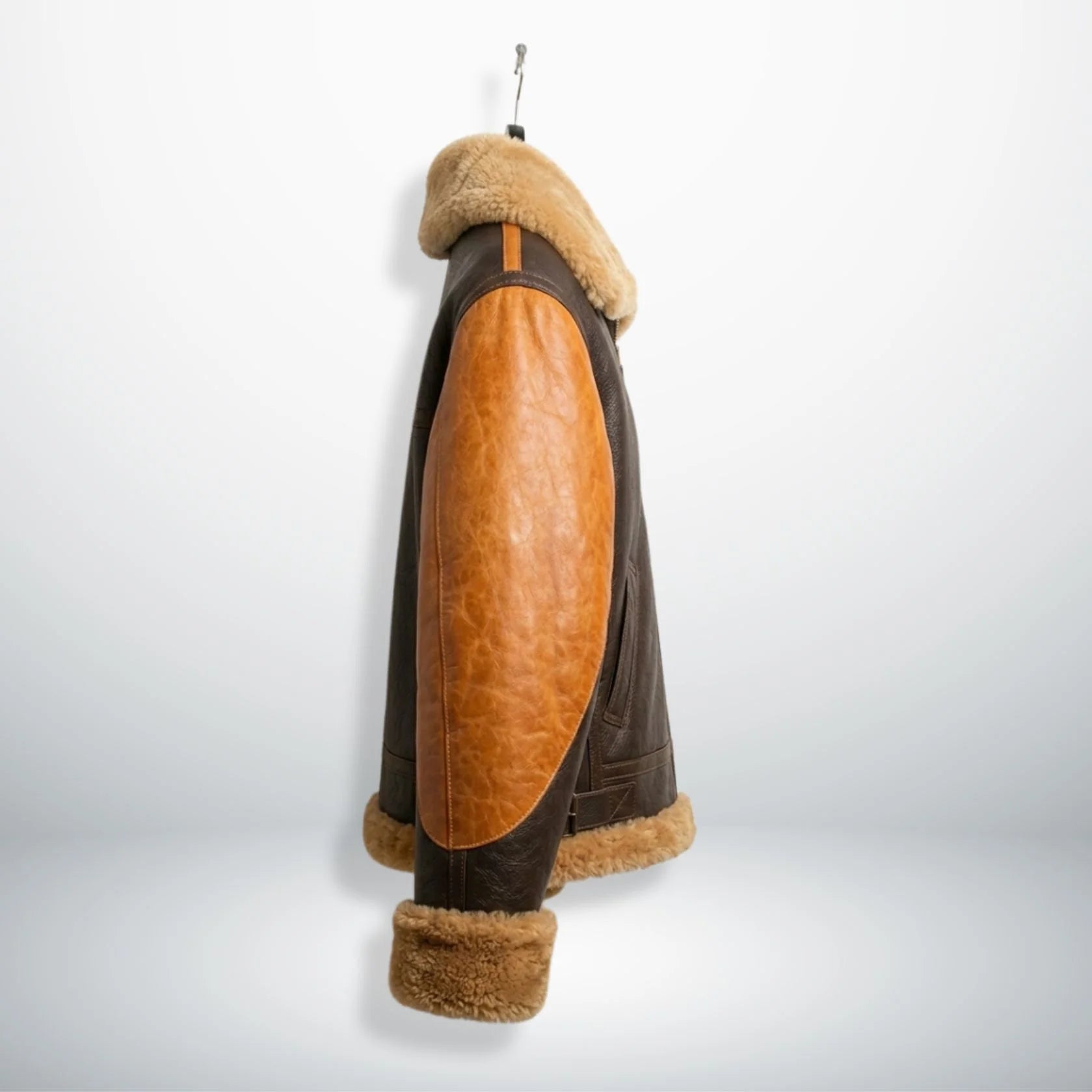 side profile mens sheepskin aviator leather jacket on hanger.