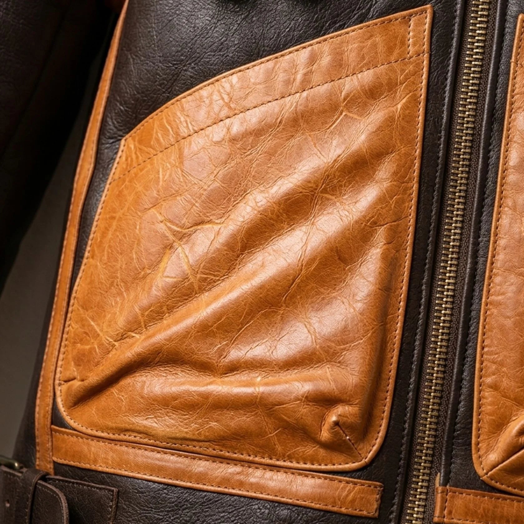 close up large front pocket and leather grain on mens sheepskin jacket.