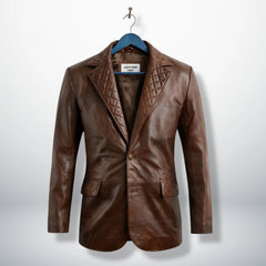 Front view of men’s Spanish brown quilted leather blazer by Leather Unit