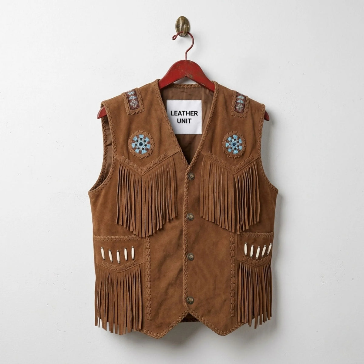 Men's brown suede fringe western vest with beadwork and pockets by Leather Unit – front view.