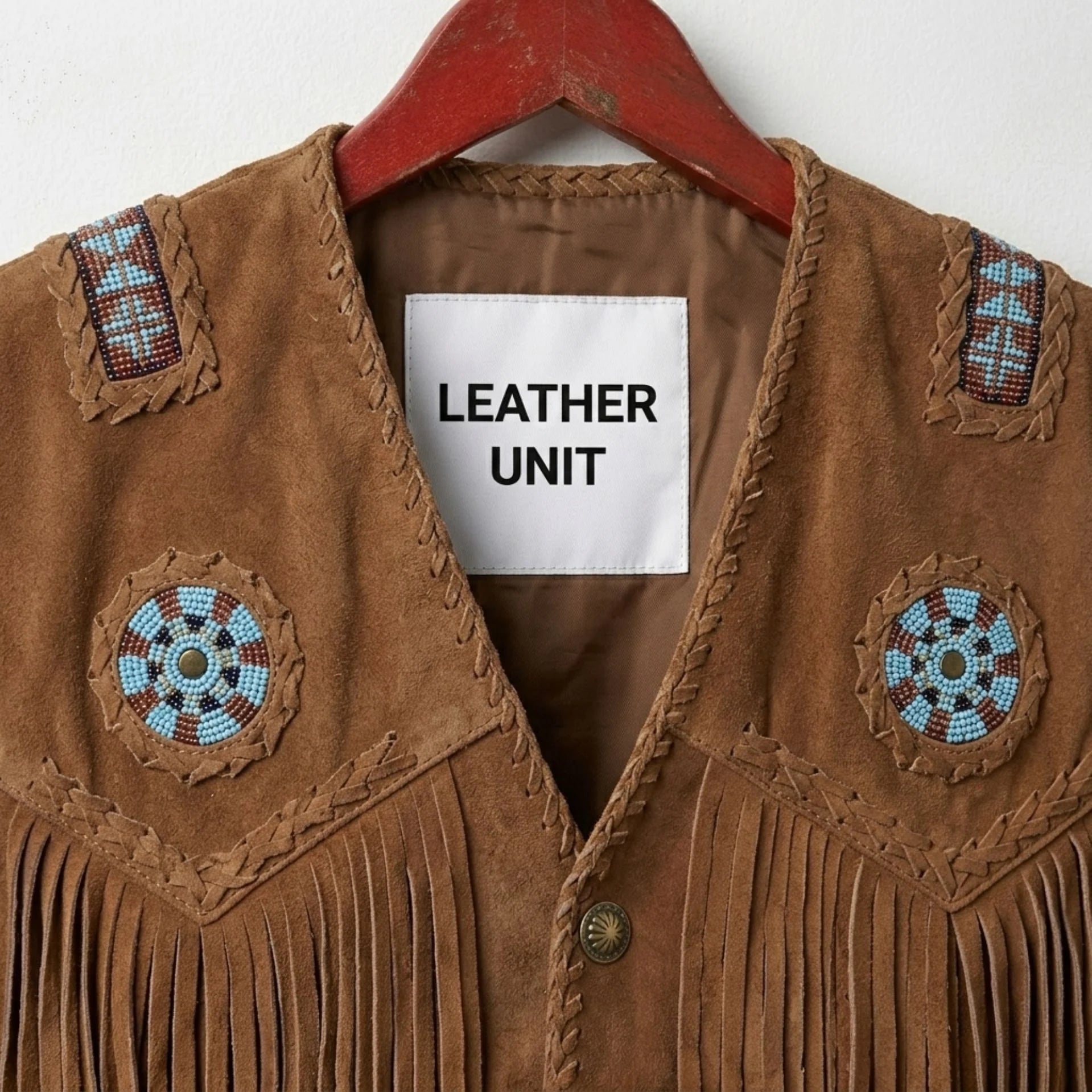 Close-up of beaded medallion and fringe on men's brown suede western vest.
