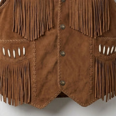 Brown leather vest with fringes and buttons on a white background