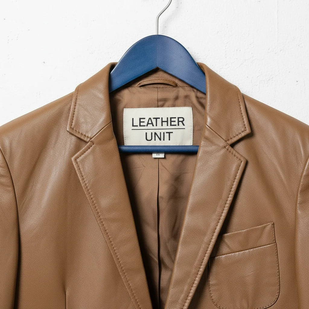 Close up of lapel collar and Leather Unit label on brown leather blazer