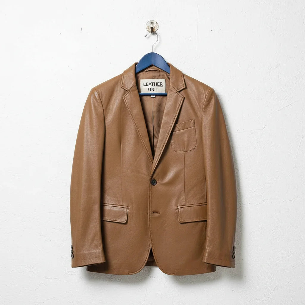 Front view of men’s tan brown leather blazer by Leather Unit